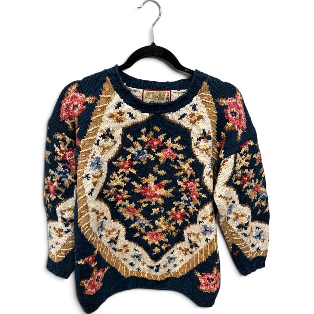 Crystal Kobe Vintage Floral Tapestry Knit Sweater Ramie Cotton M Chunky knit